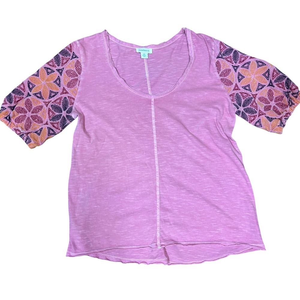 Sundance Boho Artisanal Embroidered Slub Knit Women Pink Short Sleeve Top XS